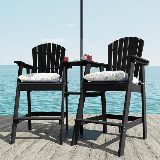 Sundale Outdoor Tall Adirondack Chairs Set of 2 with Table, Patio HDPE Bar Set, 3 PCS Counter Height Dining Bistro Set, Pub Table with Stools, 2 Umbrella Hole Caps, Black