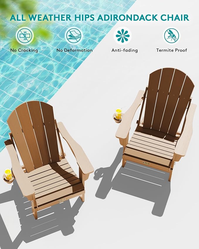 SERWALL Folding Adirondack Chair Set of 8, Weather Resistant Patio Chair with Cup Holder for Patio Garden Outdoors Fire Pit- Brown