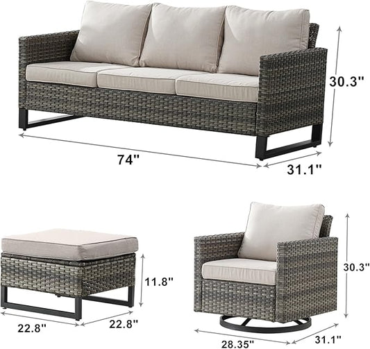 Rilyson Wicker Outdoor Patio Furniture Set - 7 Piece Patio Conversation Set with 4 Swivel Rocker Chairs,2 Rattan Ottoman and 1 Couch for Outside Porch Deck Backyard(Mixed Grey/Beige)