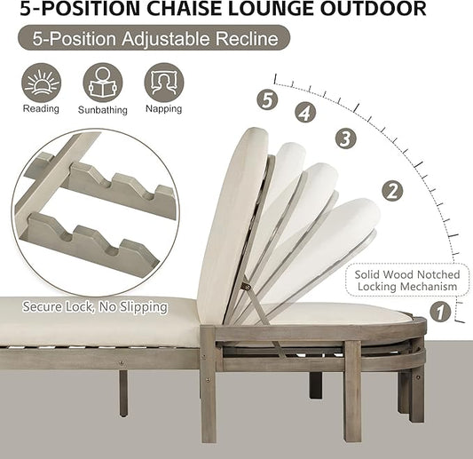 LUMISOL Acacia Wood Outdoor Chaise Lounge, Arched Patio Recliner with Adjustable Backrest and Waterproof Cushion for Backyard, Poolside Lounger Chair with Cushion Set, Gray