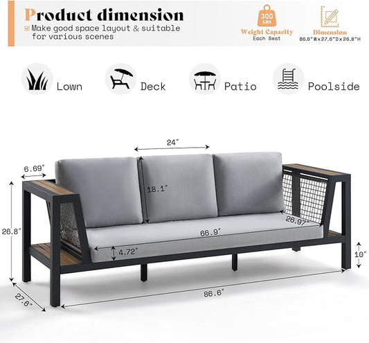 Outdoor Aluminum Patio Sofa, Modern 3-Seater Tool-Free Assembly Couch with Side Table Armrest, Deep Seating with Thick Cushions, Weatherproof Backyard Furniture for Porch, Balcony, Deck