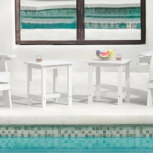 LUE BONA Outdoor Side Table Set of 2, HDPS Small Outdoor Table, Adirondack Side Table, Outside End Table for Patio, Porch, Deck, Pool, Weather Resistant/Easy Maintenance/Indoor or Outside Use, White