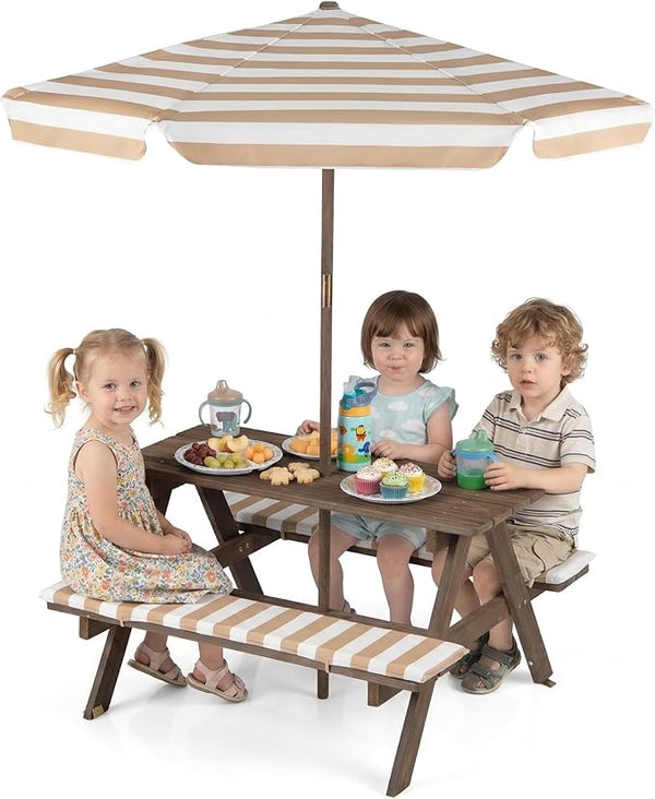 Costzon Kids Picnic Table, Wooden Toddler Outdoor Table & Bench Set with Removable Umbrella & Cushions, Stripe Fabric - Photo 1