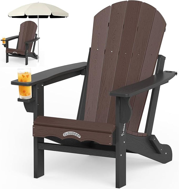 Folding Adirondack Chair –Recyclable HDPE Outdoor Adirondack Patio Chair with Cup Holder, Wood Texture & Umbrella Hole - Photo 1