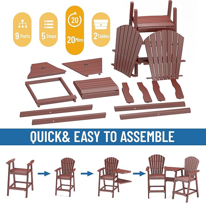 FOOWIN Tall Adirondack Chair Set of 2, All Weather HDPE Bar Height Adirondack Chair with Double Connecting Trays, Adirondack Barstools for Balcony, Deck, Backyard, Patio, Garden Brown