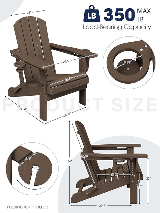 KINGYES Folding Adirondack Chair Set of 4, Dual Cup Holders & All-Weather HDPE, Wood-Like Patio Chair for Backyard, Camping, Pool & Fire Pit, Coffee