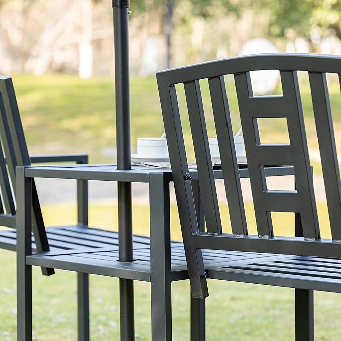 Outsunny Metal Garden Bench with Middle Table and Umbrella Hole, 2-in-1 Double Patio Chairs, Outdoor 2-Person Tete-a-Tete, Slatted, Black