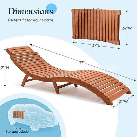 Flamaker Lounge Chairs for Outside Folding Acacia Wood Chaise Lounge with Side Handle Sun Lounger for Poolside, Lawn, Backyard (1 Piece)