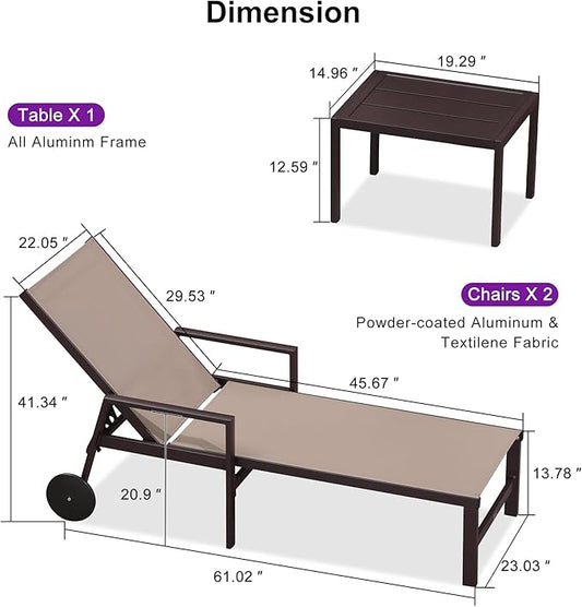 PURPLE LEAF Outdoor Chaise Lounge Chair Set of 2 with Armrests, Aluminum Patio Loungers with Wheels and Adjustable Backrest, Includes Side Table for Deck, Outside, Lawn, Garden, Taupe