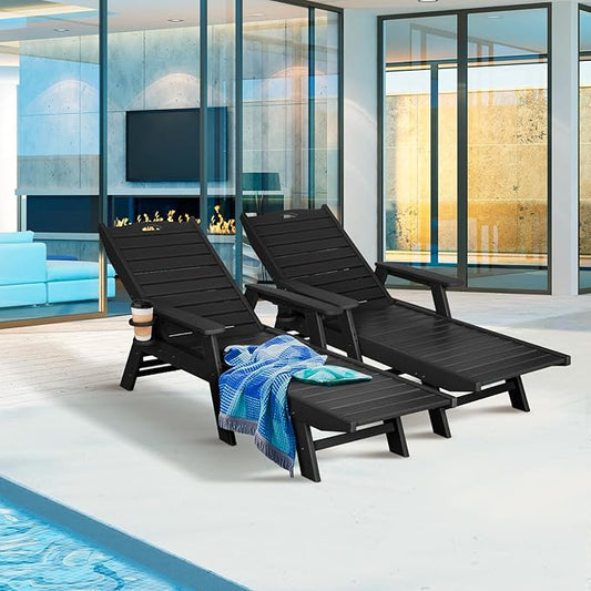 nalone Chaise Lounge Outdoor with 5-Position Adjustable Backrest, HDPE Lounge Chair for Outside Supports Up to 400 LBS, Pool Lounge Chairs for Patio Poolside Deck Beach Backyard (Black)