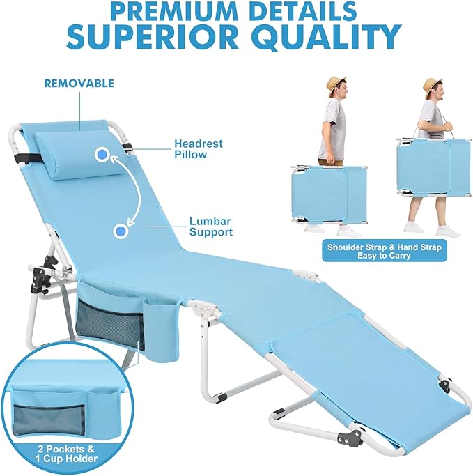 Tanning Chair with Sun Canopy Face Hole Softer Padded Adjustable Washable, Heavy Duty Layout Folding Lounge Chair for Adults Outside Beach Reading Sunbathing Poolside Lawn, UPF 50+ Sun Shade, 300 LBS