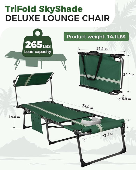KingCamp 2 Pack Lounge Chair Outdoor with Canopy & Face Hole, Adjustable 5-Position Folding Chaise Tanning Recliner Portable Comfy Chaiser for Camping Outside Patio Pool Beach, Green/White