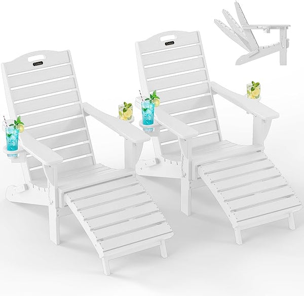 Ciokea Folding Adirondack Chair Set of 2 with Retractable Ottoman Fire Pit Patio Chair with Pull Out Foot Rest Weather - Photo 1