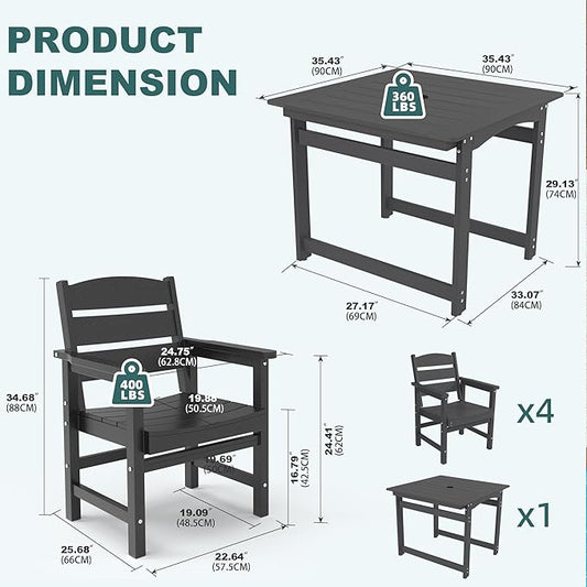 5-Piece HIPS Patio Dining Set, Outdoor Dining Table and Chairs Set with Umbrella Hole, Weatherproof Dining Table Set for 6 Person, Patio Furniture Set for Outside Deck, Black