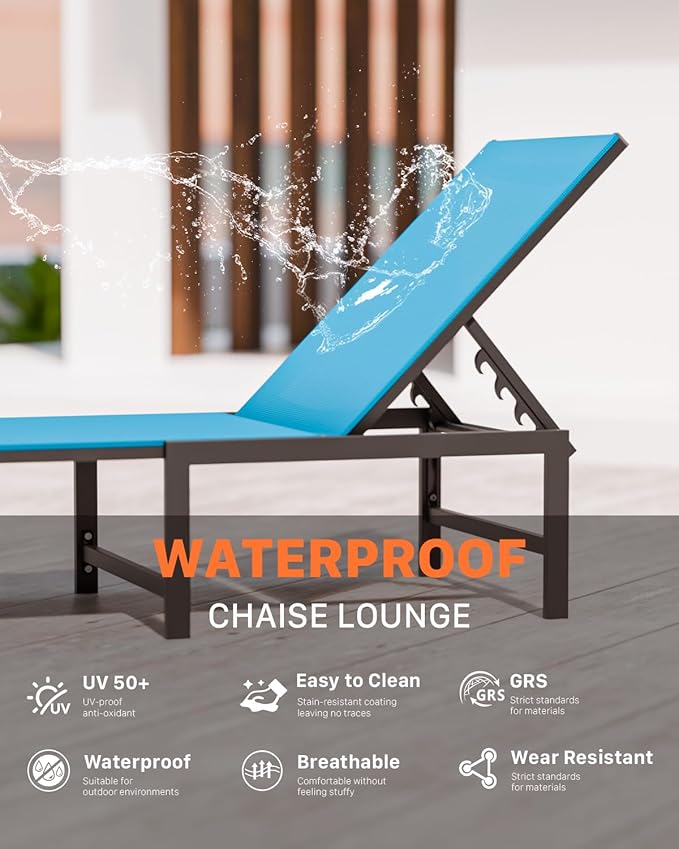 Chaise Lounge Chair Outdoor,Aluminum Patio Lounge Chairs,Lounge Chairs with 5 Adjustable Backrest and Headrest Pillows for Outside Beach,Blue