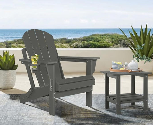 Folding Adirondack Chairs Set of 2 - Plastic Adirondack Chairs with Cup Holder, Weather Resistant for Outdoor, Patio, Lawn, Garden, Backyard Deck, Fire Pit - Dark Gray