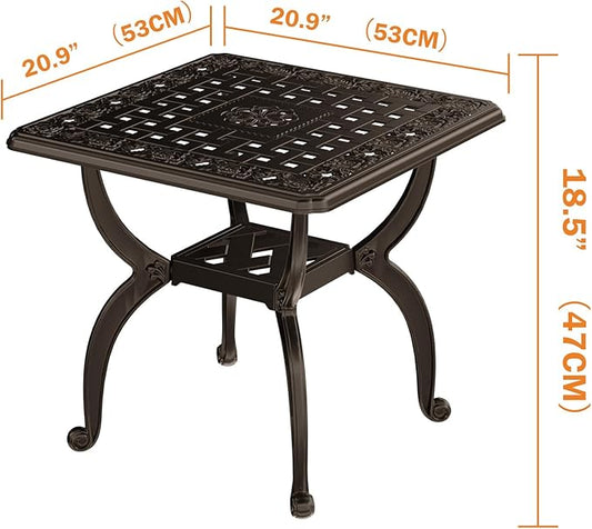 Square Outdoor Coffee Table, Cast Aluminum Side Table with Storage,Indoor End Table, All-Weather Bistro Table for Patio Garden Lawn,Bronze