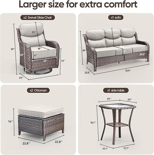 Swivel Patio Chairs sofa Set of 6 - 6" Thick Cushion - Wicker Outdoor Swivel Rocker Patio Chair ,Sofa/Glass coffee table, High Back Comfortable Outdoor Glider Chairs - Brown Wicker | Beige Cushions