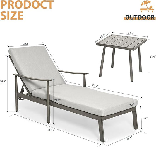 HAPPATIO Outdoor Chaise Lounge Set of 3, Aluminum Pool Chair with Adjustable Backrest and Cushion, Curved Armrest, Outdoor Lounge Chairs with Side Table for Beach, Yard, Poolside (Grey)