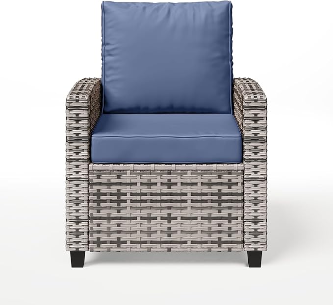 2 Pieces Patio Furniture Set, Outdoor Wicker Chairs Set of 2, All Weather High Back Rattan Chairs, Seating Club Chair Porch Chairs Set with Cushions for Balcony Porch Deck, Blue2