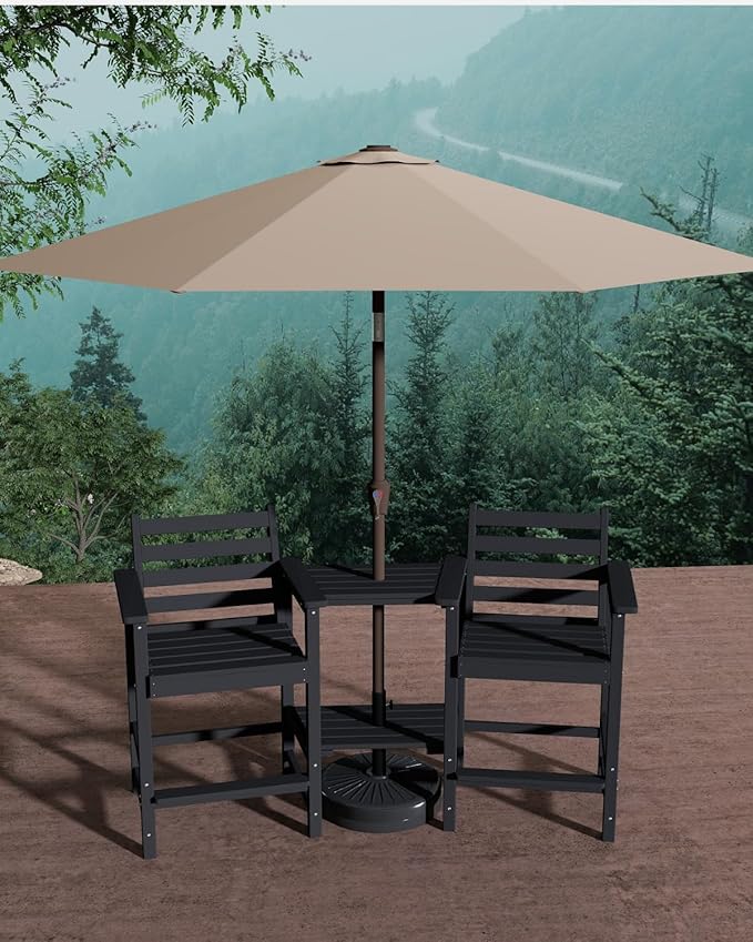 Tall HDPE Adirondack Bar Chairs Set of 2, Outdoor Balcony Bar-Height Chairs with Extra-Large Side Trays & 2" Umbrella Hole, All-Weather Patio Stools for Porch, Deck, Garden (Black, 2chair)