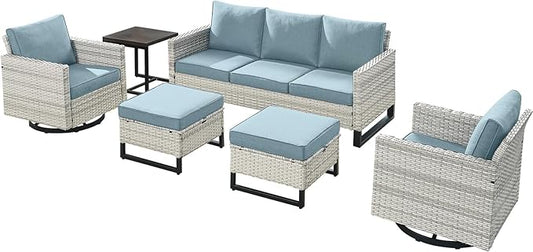 Wicker Outdoor Patio Furniture Set - 6 Piece Patio Conversation Set with 2 Swivel Rocker Chairs,2 Rattan Ottoman,1 Couch and 1 Metal Side Table for Outside Porch Deck Backyard(Light Grey/Sky Blue)