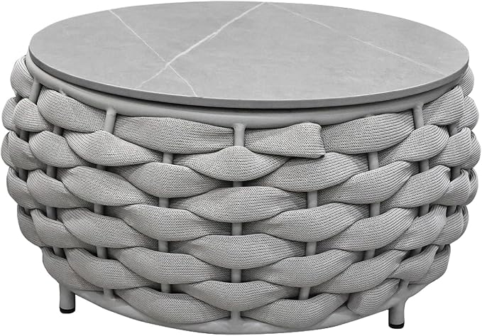 TWT Outdoor Coffee Table for Patio Table Rope Patio Coffee Table Lawn Garden Small Coffee Table with Rock Slab Top All-Weather, 25.6in(Textilene Rope, Light Grey)