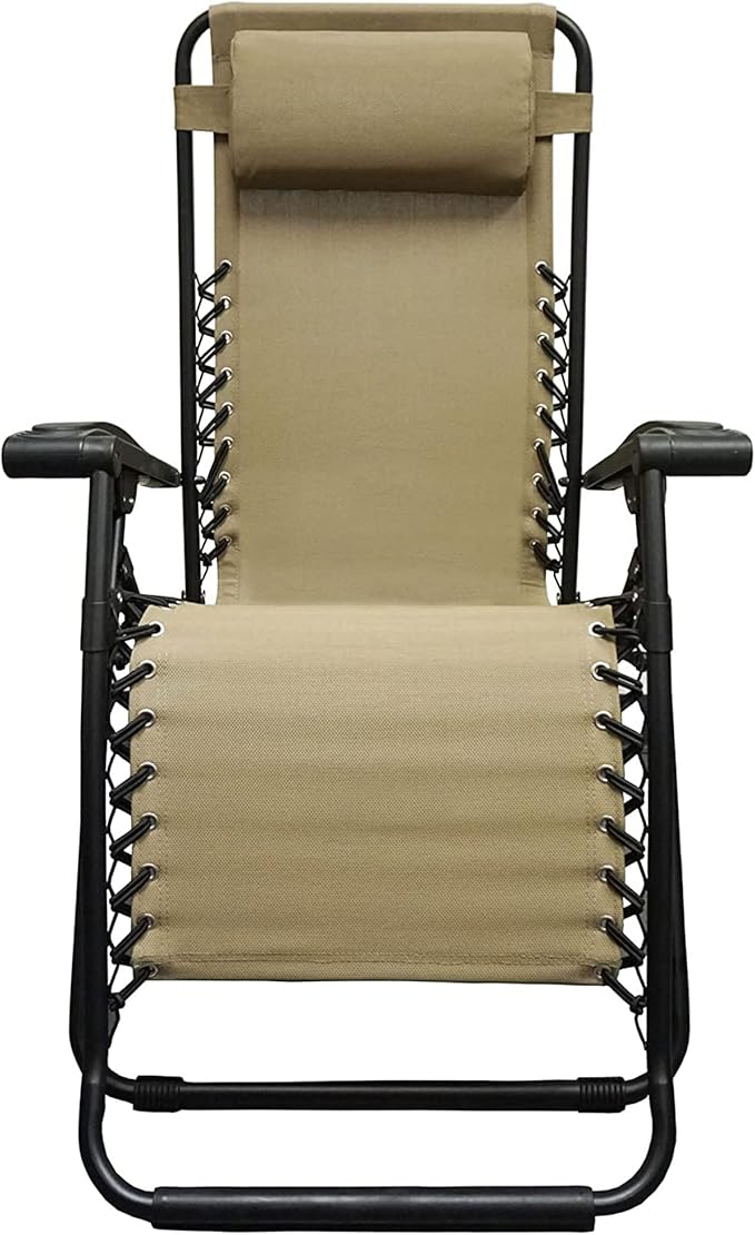 Caravan Sports Zero Gravity Outdoor Portable Folding Camping Lawn Deck Patio Pool Recliner Lounge Chair for Adults, Adjustable Headrest, Beige