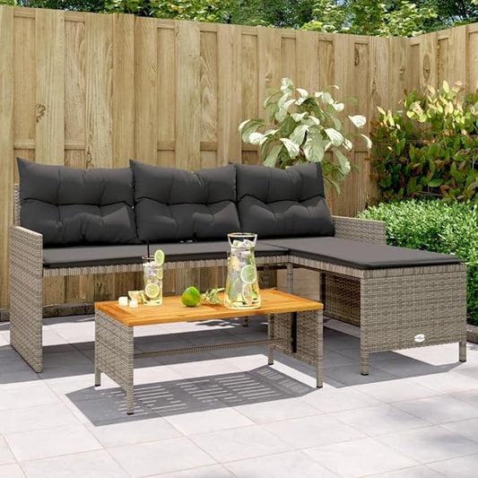 vidaXL L-Shaped Patio Sofa with Cushions and Coffee Table - Gray Poly Rattan, Powder-Coated Steel Frame, Acacia Wood Tabletop, Removable Covers for Garden, Terrace