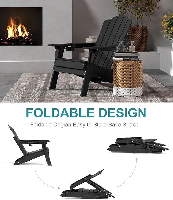 FOOWIN HDPE Adjustable Adirondack Chair Set of 2, 400lbs Heavy Duty Folding Patio Chairs with Cup Holder, 3-Position Reclining Fire Pit Seating, All-Weather Poly Lumber for Backyard, Deck-Black