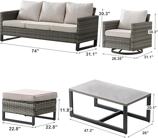 Wicker Outdoor Patio Furniture Set - 6 Piece Patio Conversation Set with 2 Swivel Rocker Chairs,2 Rattan Ottoman,1 Couch and 1 Metal Coffee Table for Outside Porch Deck Backyard(Mixed Grey/Beige)