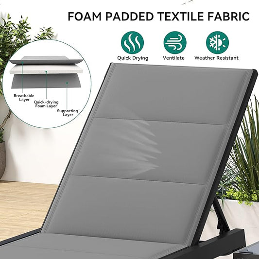 YITAHOME Outdoor Chaise Lounge Chairs Set of 3, Pool Loungers with Side Table, 5-Position Adjustable Backrest,Padded Fabric, and Wheels for Pool Beach Patio Lawn Porch - Grey