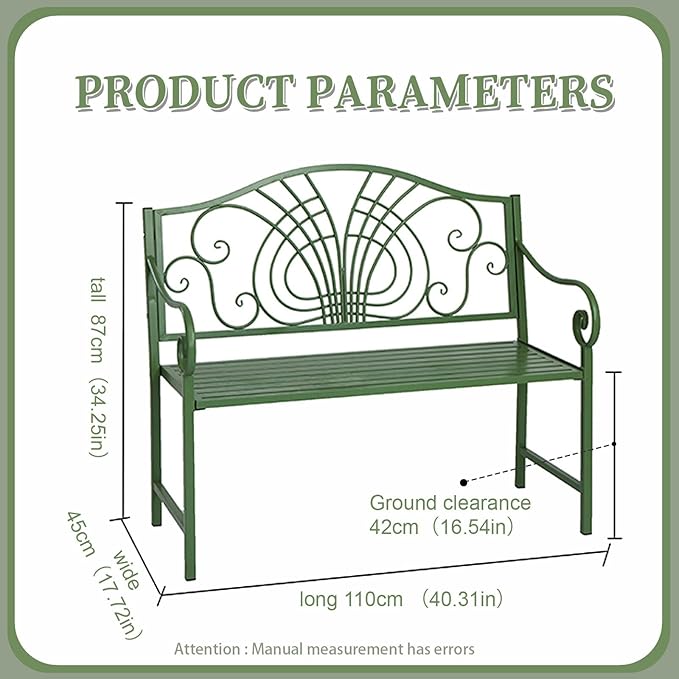 43" Outdoor Metal Garden Bench,Patio Bench,Porch Bench Chair,Outdoor Bench 2-Person,Iron Steel Frame Patio Bench,with Backrest and Armrests,Porch Bench for Poolside, Balcony,Green