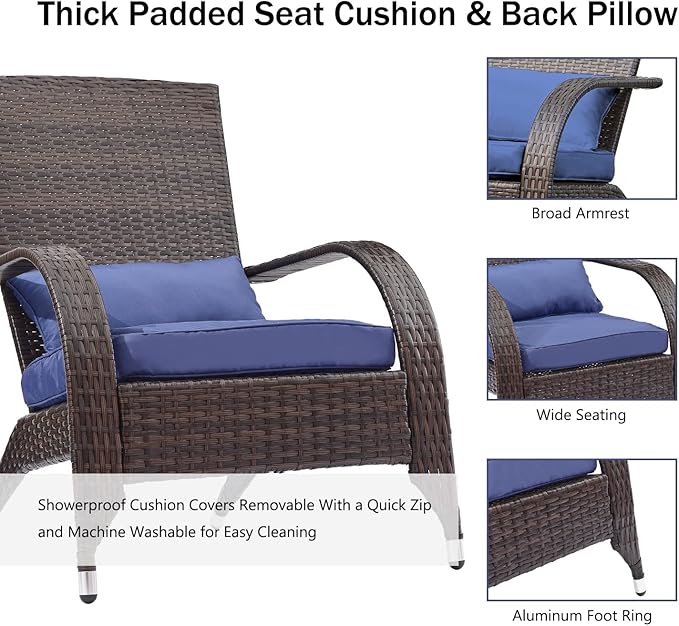 Outdoor Wicker Adirondack Chairs Set 2 Rattan Fire Pit Chairs Oversized Comfy Relax Accent Patio Chairs with Soft Cushion Low Deep Seating Tall Curved Backrest for Outside Backyard Deck Porch Navy