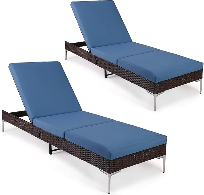 HOMREST Outdoor Chaise Lounge Chair Set of 2, Rattan Pool Sunbathing Recliner with Adjustable Backrest, Patio Wicker Lounge Chairs with Removable Cushion (Navy Blue)