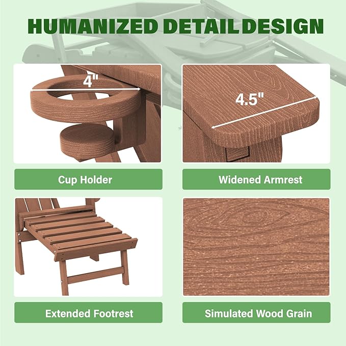 LOUNZY Folding Adjustable Adirondack Chair with Footrest Set of 4,HDPE Recliner Adirondack Chair with Cup Holder for Deck Lawn Fire Pit, Brown