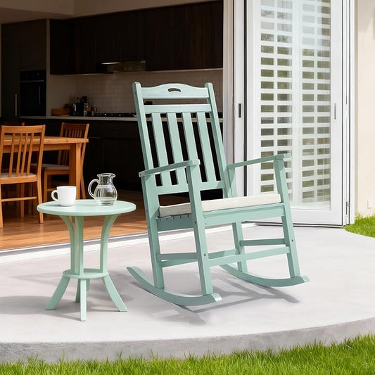 VINGLI Outdoor Rocking Chair, Heavy Duty 450 lbs Poplar Wooden Rocking Chair with High Backrest Design, Come with a Cushion, All-Weather Lounge Rocker Support for Garden, Deck (Mine Green, 1 PC)