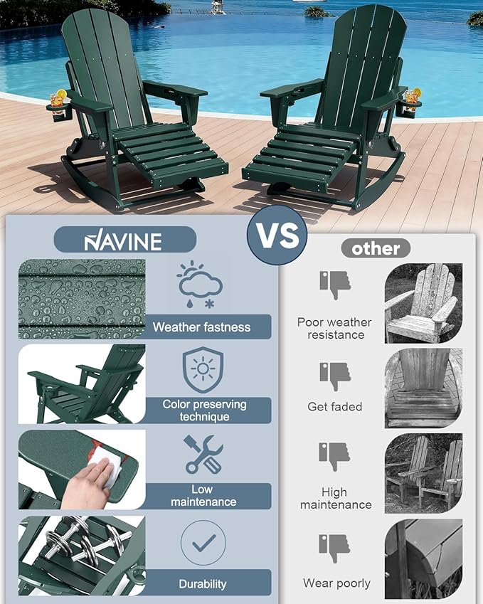 Adirondack Rocking Chairs Set of 4 with Retractable Ottoman, All Weather Folding Adirondack Chair with Two Cup Holders, Adirondack Outdoor Rocking Chairs for Porch, Patio, Balcony. Dark Green