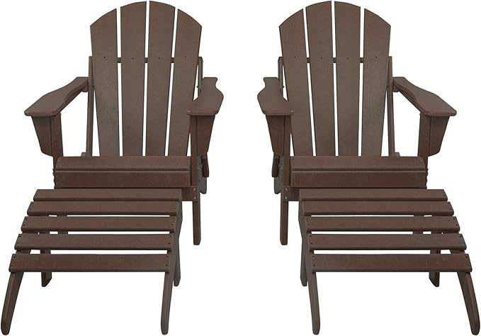 WestinTrends Malibu Outdoor Lounge Chair Set, 4-Pieces Adirondack Chair Set of 2 with Ottoman, All Weather Poly Lumber Patio Lawn Folding Chair for Outside Pool Beach, Dark Brown