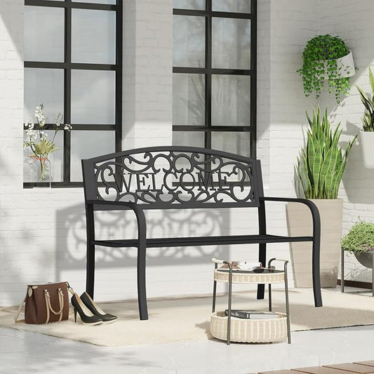 50 Inches Outdoor Garden Bench, Outside Bench with Anti-Rust Steel Metal Frame & Non-Slip Legs, Patio Bench with Floral Pattern Backrest (Welcome)