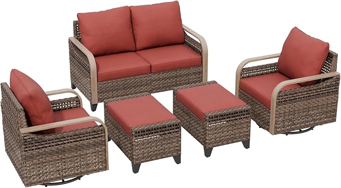 Modern Wicker Outdoor Swivel Rocking Chairs, Rattan Glider Rocker Patio Furniture for Backyard, Deck, Porch, Garden, 2 Chairs 2 Ottomans, Brown/Red