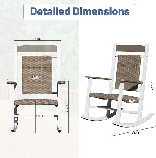 Outdoor Wicker Rocking Chairs Set of 2, Made of Metal & Rattan, Oversized Patio Rocker Chairs with High Back for Adults, All-Weather Outside Furniture for Garden Lawn - White & Brown