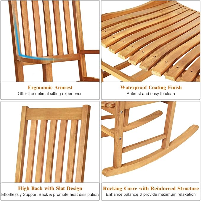 LDAILY Moccha Outdoor Rocking Chair, Acacia Wood Frame, Porch Rocker for Garden, Lawn, Balcony, Backyard and Patio (1, Natural)