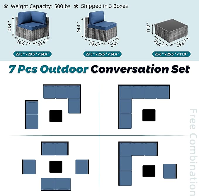 SUNLEI 7pcs Patio Conversation Sets Outdoor Furniture Sets, High Back All-Weather Rattan Sectional Sofa with Tea Table&Washable Couch Cushions(Silver Rattan) (Aegean Blue)