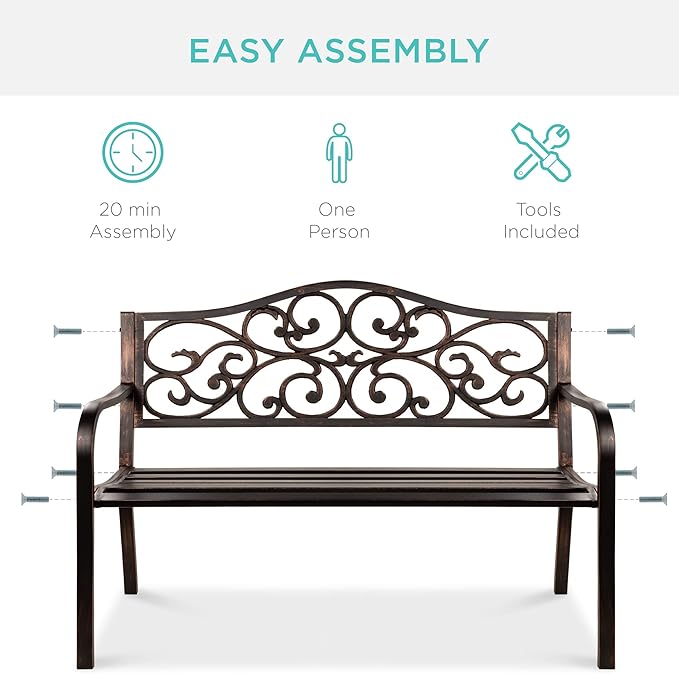Best Choice Products 50in Classic Steel Garden Bench Chair Furniture for Outdoor, Patio, Yard, Lawn w/Floral Scroll Design - Bronze