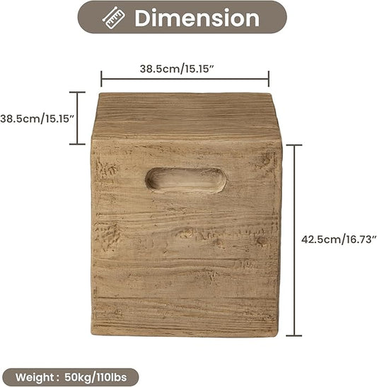 COSIEST Wooden Outdoor Side Table, Square MgO Concrete End Patio Side Table, Lightweight Cylinder Top Plant Stand with Square Base for Garden and Deck
