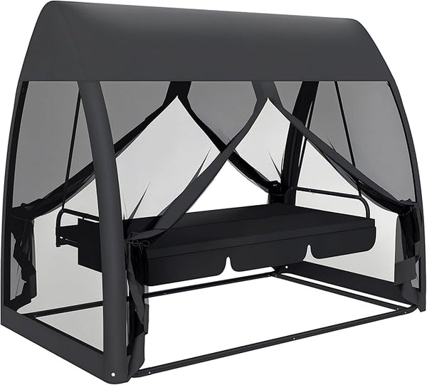 Outsunny 3-Seat Patio Swing Chair, Porch Swing Bed with Convertible Backrest, Cushion, Canopy - Photo 1