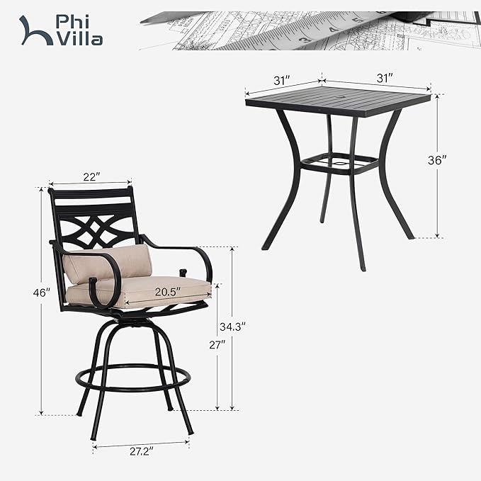 PHI VILLA 3 Pieces Patio Bar Set,Outdoor Bar Table and Chairs Set, Strong and Heavy Duty Outdoor Bar Set with Cushion and Pillow,2PCS Swivel Bar Stools with Square Bar Height Table