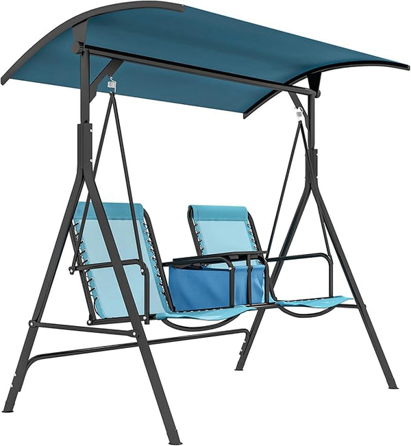 Outsunny 2-Seat Patio Swing Chair, Outdoor Canopy Swing Glider with Pivot Storage Table, Cup Holder, Adjustable Shade - Photo 1