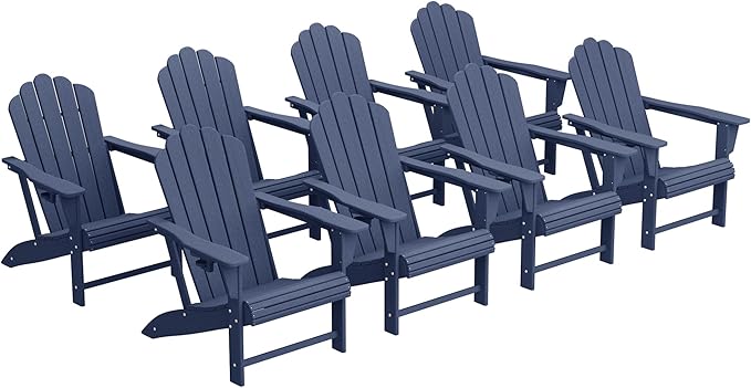 Costaelm Lakeview Outdoor Patio HDPE Adirondack Chairs with Cup Holders (Set of 8), Navy Blue